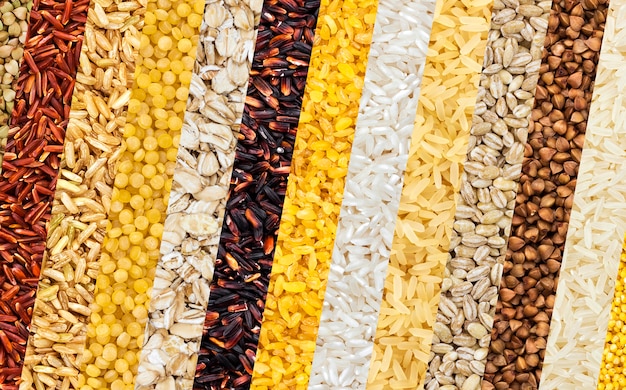 Photo différentes céréales, céréales, riz et haricots
