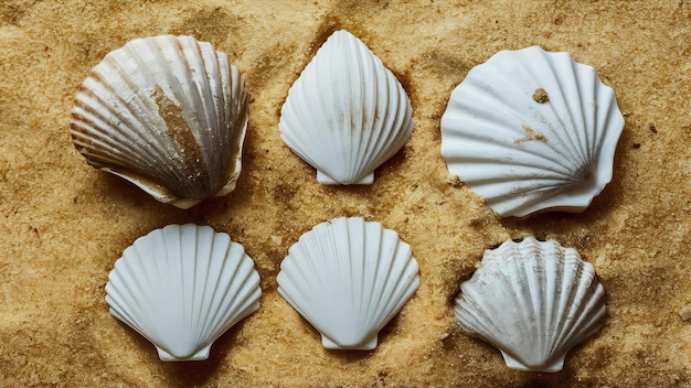 Différentes coquillages avec du sable sur la table