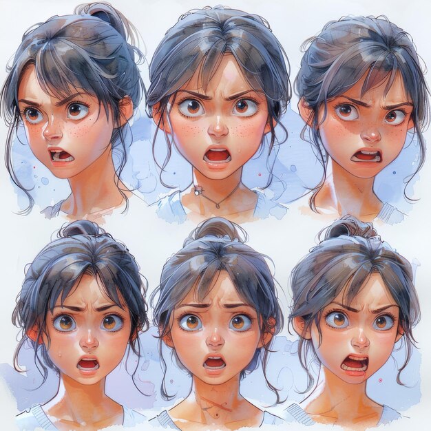 Photo différentes expressions faciales des femmes elles sont nerveuses anxieuses et en colère illustration moderne dessinée à la main