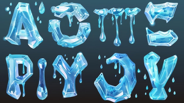 Différentes lettres de police d'eau png transparentes affichées sur un fond transparent Illustration moderne d'un ensemble de symboles de texte cristallins avec une texture de gel liquide et de glace