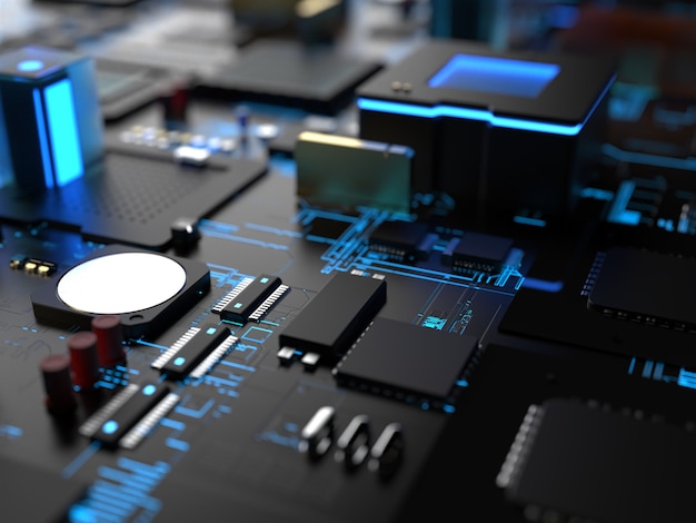 Différentes parties de puces informatiques et transistors