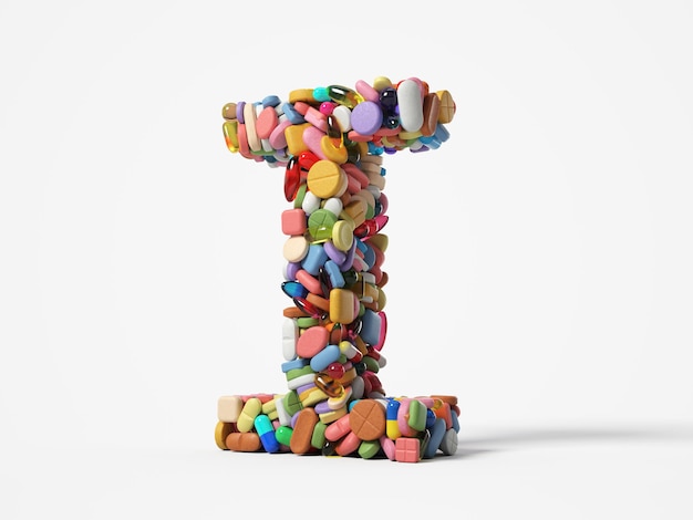 Différentes pilules s'empilent en forme de I. adaptées aux thèmes de la médecine, de la santé et de la science. Illustration 3D, isolé sur fond blanc