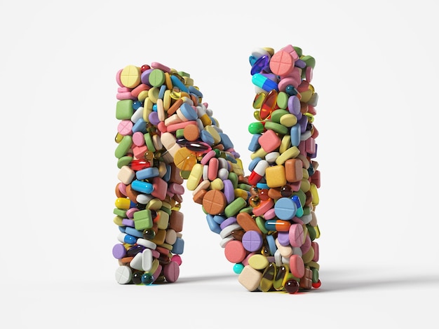 Différentes pilules s'empilent en forme de lettre N. adaptées aux thèmes de la médecine, de la santé et de la science. Illustration 3D, isolé sur fond blanc