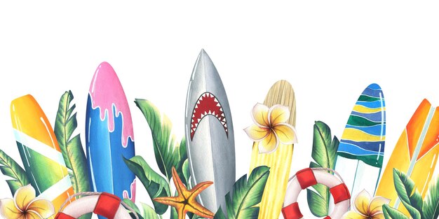 Différentes planches de surf lumineuses avec des feuilles tropicales et des fleurs de plumeria étoiles de mer et bouées de sauvetage illustration aquarelle Un modèle de la collection SURF Pour la décoration et le design
