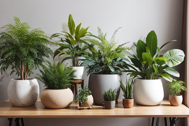 Différentes plantes d'intérieur bio dans le salon avec des décorations sur la table