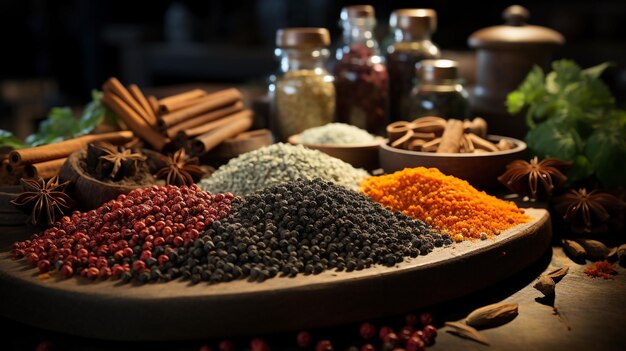 Photo différentes poudres de curry masala indiennes colorées, des grains et des épices avec de la cannelle sur des bols