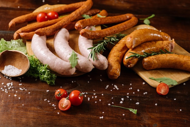 Différentes saucisses fumées avec des légumes et des ingrédients sur fond de bois