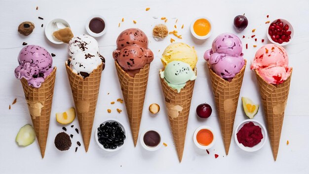 Photo différentes saveurs de crème glacée dans des cônes sur fond blanc pour la conception du menu de bonbons