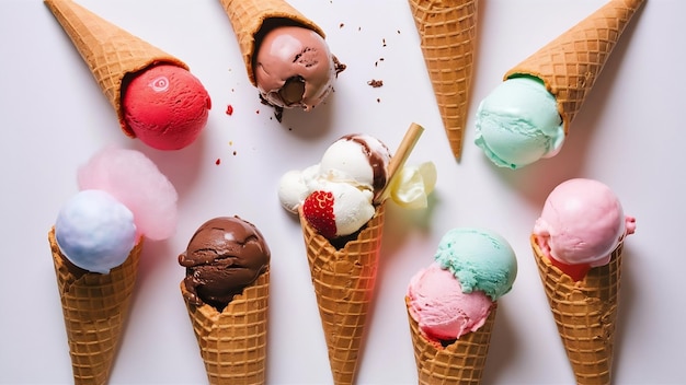 Différentes saveurs de crème glacée dans des cônes sur fond blanc pour la conception du menu de bonbons