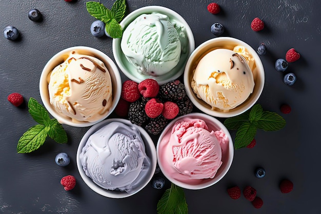 Différentes saveurs de crème glacée et image générée par la technologie ice creamAI