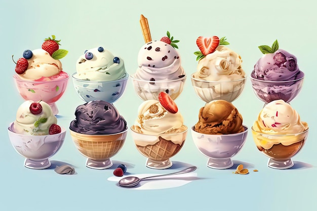 Différentes saveurs de crème glacée et image générée par la technologie ice creamAI