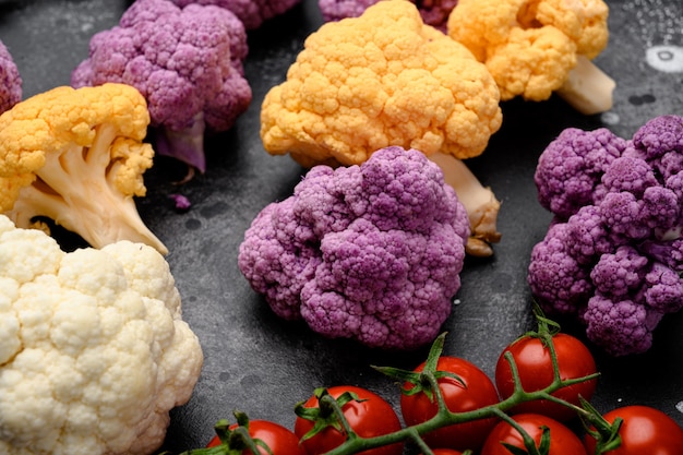 Différentes Sortes De Chou-fleur. Ensemble Violet, Jaune Et Blanc, Sur Fond De Table En Pierre Noire Noire