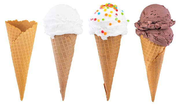 Différentes sortes de crème glacée dans un cône de gaufres isolé sur fond blanc, avec un tracé de détourage.