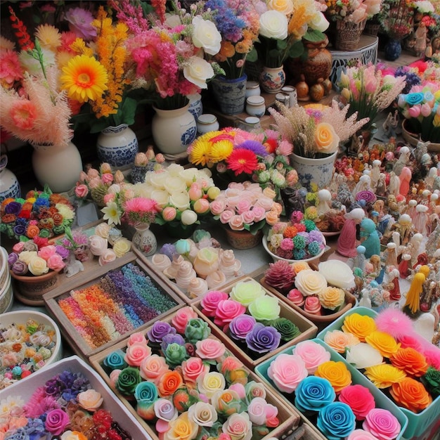 Différentes sortes de fleurs colorées dans le magasin