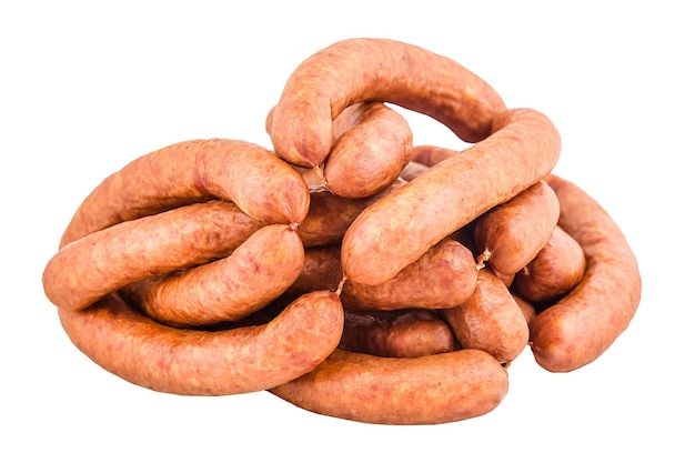 Différentes sortes de saucisses pour un pique-nique isolé sur fond blanc