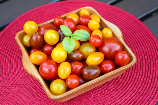 Différentes sortes de tomates servies sur un plat en céramique Alimentation saine ou concept végétarien