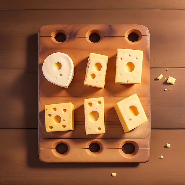 Différentes tailles de délicieux morceaux de fromage sur une vieille planche de bois rustique IA générative