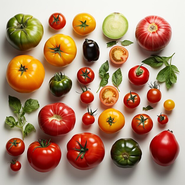 Différentes variétés de tomates isolées sur fond blanc