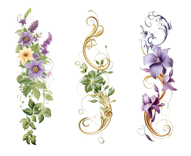 différentes vignes avec des fleurs vectorielles dans le style de vert clair et violet