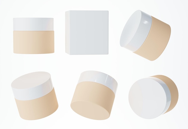 Différentes vues du pot de crème cosmétique en plastique beige avec capuchon blanc et boîte isolé sur fond blanc Modèle d'emballage et de marque de produit de soin de rendu 3D