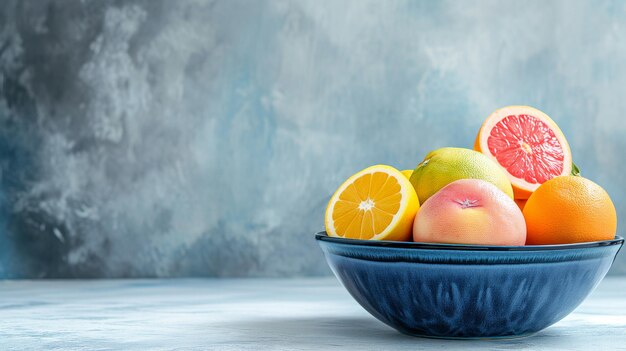 Photo différents agrumes dans un grand bol bleu métallique devant le mur turquoise sur une table en bois blanc de côté