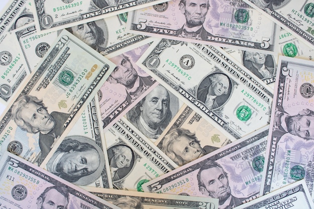 Différents billets en dollars américains disposés en une couche uniforme