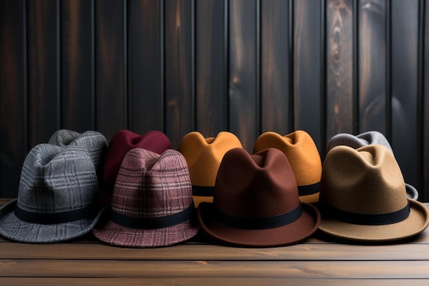 Différents chapeaux masculins élégants sur fond de bois