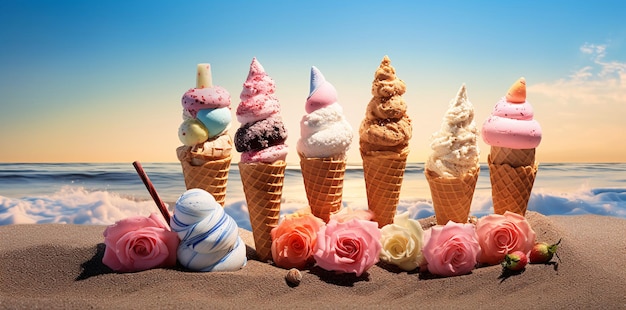 Différents cônes de crème glacée sur la plage générés par l'IA