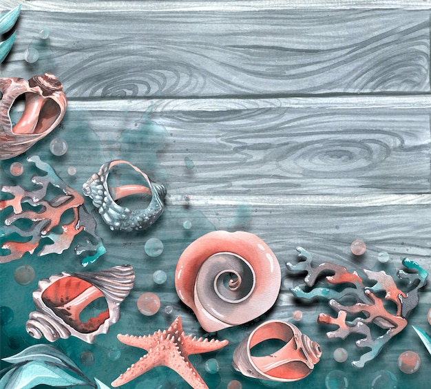 Différents coquillages et coraux d'étoiles de mer dans l'eau sur le fond d'une planche de bois Illustration à l'aquarelle Un modèle d'un grand ensemble de BALEINES Pour la conception et la décoration de cartes postales