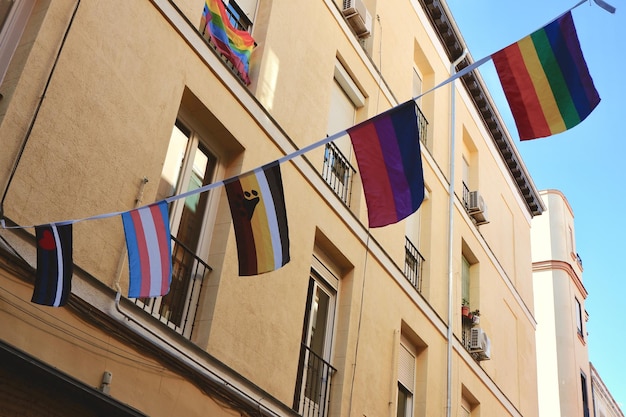 Différents drapeaux de fierté enfilés entre les bâtiments du centre-ville de Madrid Espagne quartier convivial LGBTQ Chueca