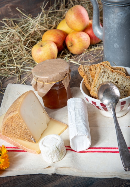 Différents fromages français aux pommes sur paille