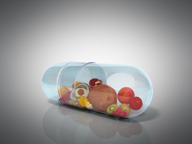 Différents fruits dans la capsule concept de régime alimentaire sain rendu 3D sur gris
