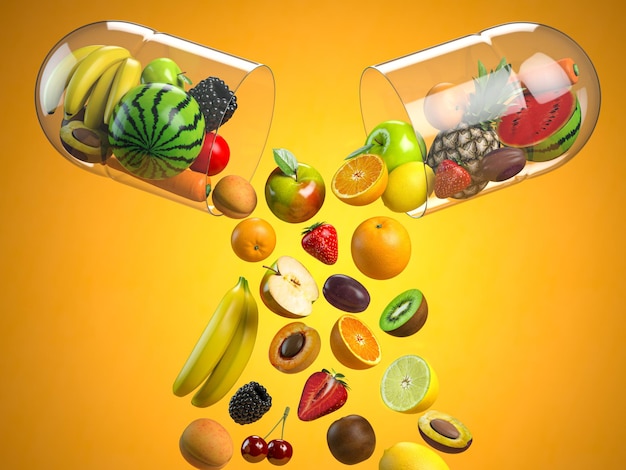 Différents fruits dans une capsule médicale Complément alimentaire vitaminé et concept de nutrition santé