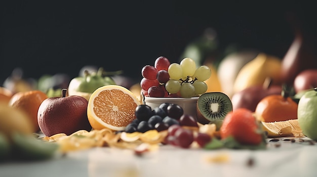 Différents fruits et légumes sains sur fond blanc Al généré