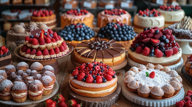 différents gâteaux de fruits sur une table en bois
