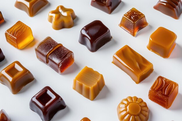 Différents groupes de bonbons au caramel isolés sur un fond blanc