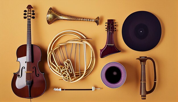 Photo différents instruments de musique et notes de musique sur colo