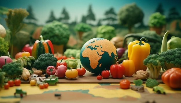 Différents légumes du monde dans un diorama de style minimaliste