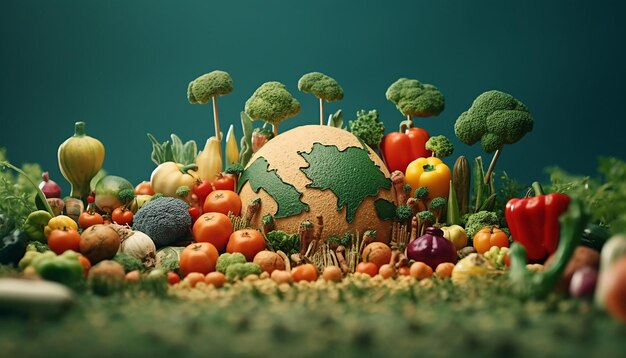 Photo différents légumes du monde dans un diorama de style minimaliste