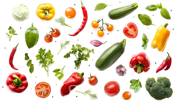 Différents légumes frais dans l'air sur fond blanc