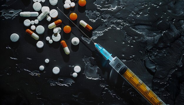 Photo différents médicaments et seringues en gros plan sur un fond sombre