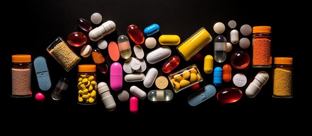 différents médicaments et suppléments de santé des pilules versées à partir d'une bouteille de médicaments soins de santé