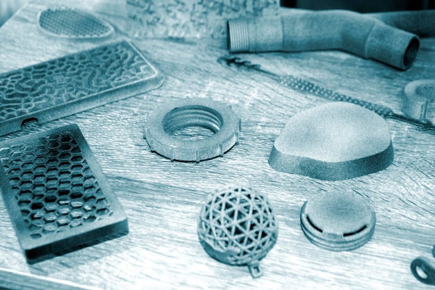 Différents objets imprimés sur une imprimante 3D à poudre industrielle. Multi Jet Fusion MJF