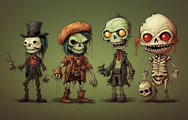 Différents personnages terrifiants sur fond vert Saison d'Halloween Generative AI