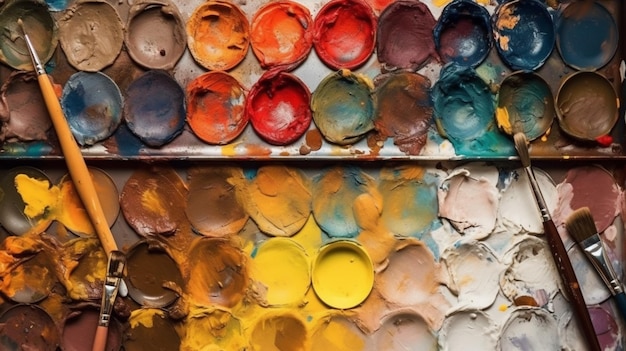 Différents pinceaux et peintures sur la vue de dessus de la palette de couleurs