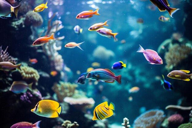 Différents poissons colorés dans la décoration intérieure de l'aquarium et la vie à la maison