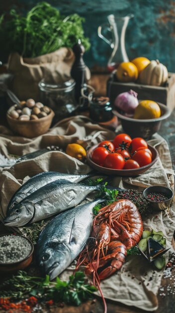 Différents poissons, crevettes, poulpes, moules et homard