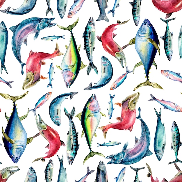 Différents poissons de mer illustration aquarelle transparente motif isolé sur blanc