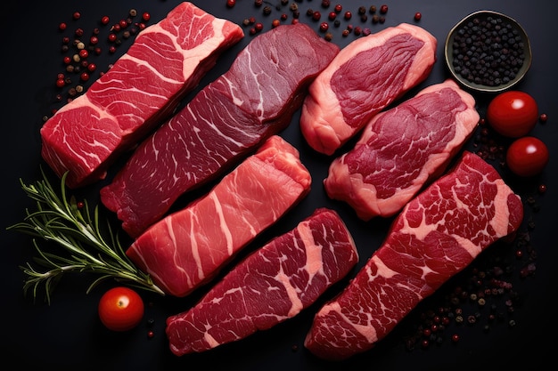 différents steaks coupés sur fond noir