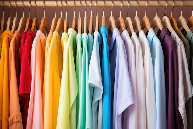 Différents t-shirts colorés sur un cintre dans une armoire en coton arc-en-ciel